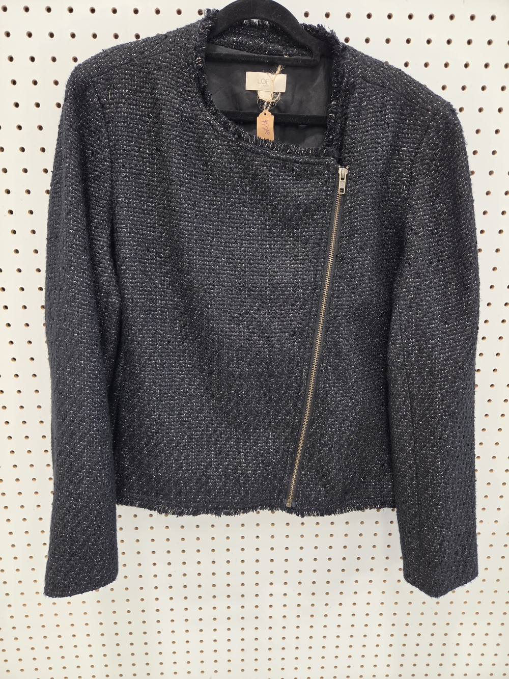 LOFT Navy Textured Asymmetrical Zip Blazer